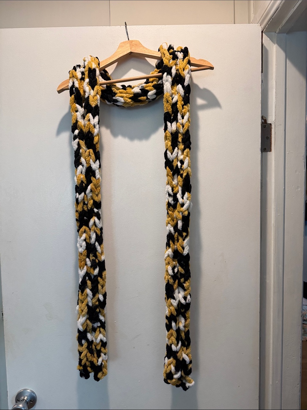 Cozy Chunky Knit Chenille Scarf in Black, White & Mustard